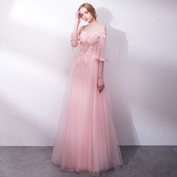 Chic / Belle Perle Rose Robe De Soirée 2018 Princesse Paillettes Appliques De l'épaule Dos Nu Manches Courtes Longue Robe De Ceremonie