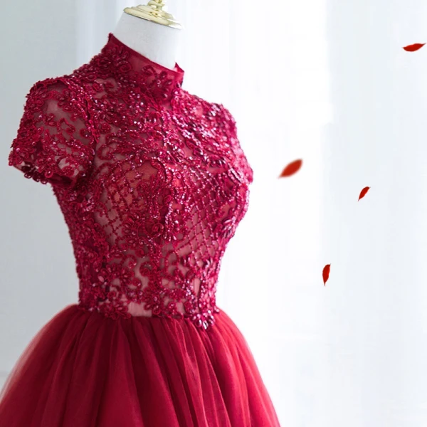 Chic / Belle Bordeaux Robe De Bal 2018 Princesse Fait main Perlage Paillettes En Dentelle Fleur Col Haut Manches Courtes Dos Nu Longueur Cheville Robe De Ceremonie