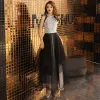 Modern / Fashion Black Evening Dresses  2019 A-Line / Princess Scoop Neck Sequins Sleeveless Floor-Length / Long Formal Dresses