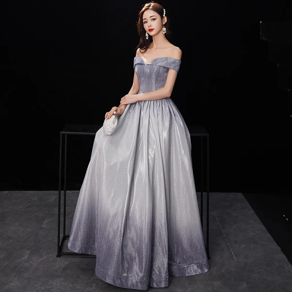 Chic / Beautiful Gradient-Color Silver Glitter Evening Dresses 2019 A-Line / Princess Off-The-Shoulder Short Sleeve Backless Floor-Length / Long Formal Dresses