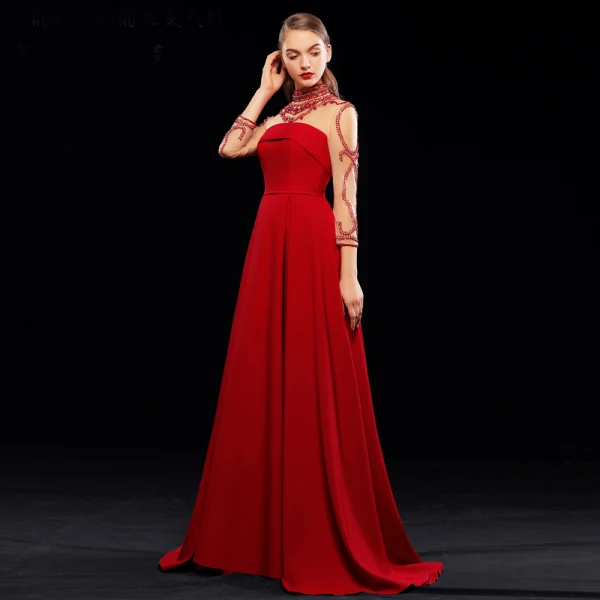 Chic / Belle Bordeaux Robe De Soirée 2019 Princesse Col Haut Perlage Cristal 3/4 Manches Dos Nu Train De Balayage Robe De Ceremonie
