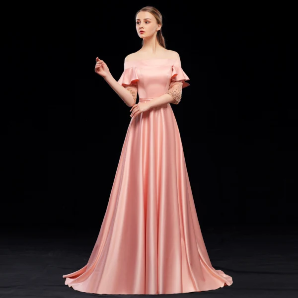 Modest / Simple Pearl Pink Evening Dresses 2019 A-Line / Princess Off-The-Shoulder Sash Short Sleeve Backless Sweep Train Formal Dresses