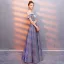 Modern / Fashion Starry Sky Purple Evening Dresses  2019 A-Line / Princess Off-The-Shoulder Glitter Polyester Sash Short Sleeve Backless Floor-Length / Long Formal Dresses