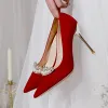 Chic / Beautiful Red Wedding Rhinestone Wedding Shoes 2021 10 cm Stiletto Heels Pointed Toe Pumps High Heels