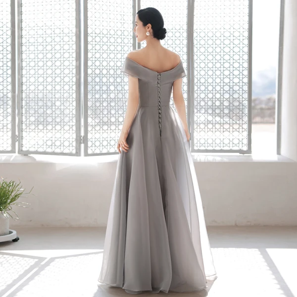 Modest / Simple Grey Evening Dresses  2021 A-Line / Princess Off-The-Shoulder Short Sleeve Backless Evening Party Floor-Length / Long Formal Dresses