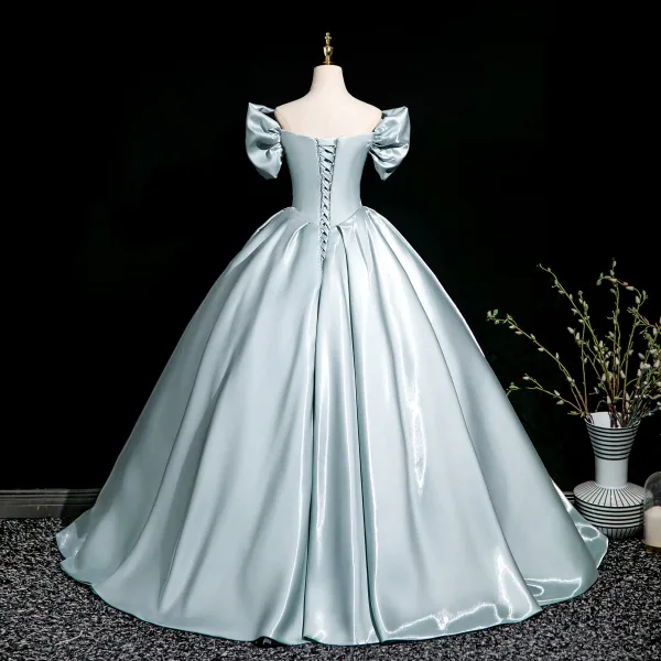 Chic / Beautiful Sky Blue Prom Dresses 2025 Ball Gown Off-The-Shoulder Short Sleeve Backless Floor-Length / Long Prom Formal Dresses