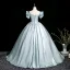 Chic / Beautiful Sky Blue Prom Dresses 2025 Ball Gown Off-The-Shoulder Short Sleeve Backless Floor-Length / Long Prom Formal Dresses