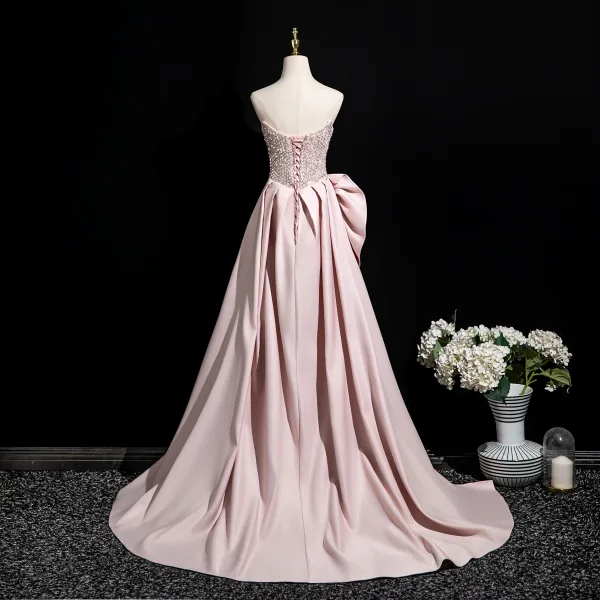 Sexy Rosa Perlenstickerei Strass Pailletten Abendkleider 2025 A Linie Bandeau Ärmellos Rückenfreies Gespaltete Front Sweep / Pinsel Zug Abend Festliche Kleider