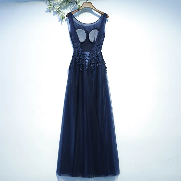 Chic / Beautiful Navy Blue Wedding Party Dresses Bridesmaid Dresses 2017 Lace Sequins Flower Backless Sleeveless Floor-Length / Long A-Line / Princess Chic / Beautiful Navy Blue Wedding Party Dresses Bridesmaid Dresses 2017 Lace Sequins Flower Backless Sleeveless Floor-Length / Long A-Line / Princess
