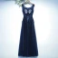 Chic / Beautiful Navy Blue Wedding Party Dresses Bridesmaid Dresses 2017 Lace Sequins Flower Backless Sleeveless Floor-Length / Long A-Line / Princess Scoop Neck