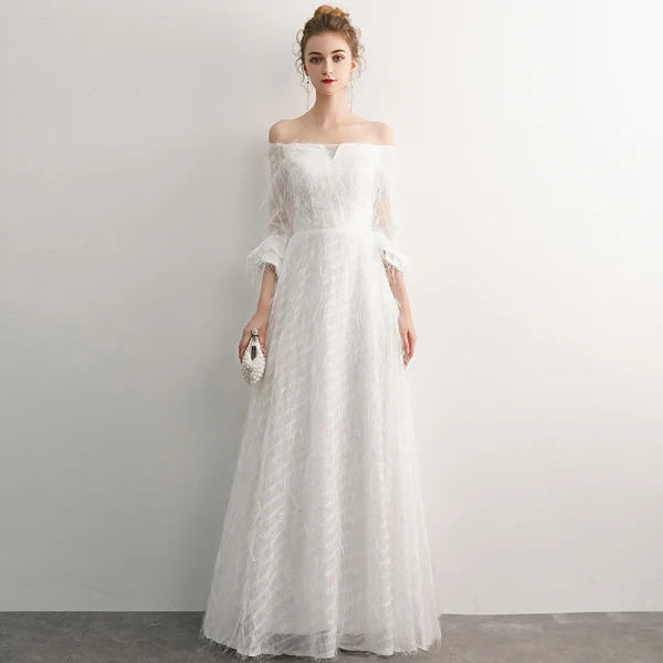 Elegant Ivory Evening Dresses 2019 A-Line / Princess Off-The-Shoulder Tassel 3/4 Sleeve Backless Floor-Length / Long Formal Dresses