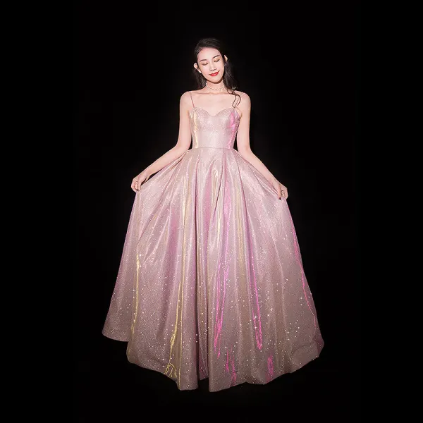 Charmig Purple Stjärnbeströdd Himmel Aftonklänningar 2019 Prinsessa Spaghettiband Glittriga / Glitter Polyester Ärmlös Halterneck Långa Formella Klänningar