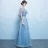 Elegant Pool Blue Prom Dresses 2019 A-Line / Princess Scoop Neck Appliques Lace Flower Pearl 1/2 Sleeves Backless Floor-Length / Long Formal Dresses
