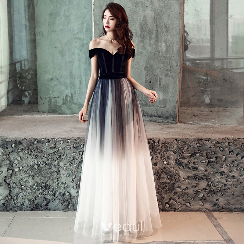Elegant Gradient Color Black Prom Dresses 2019 A Line Princess Off The Shoulder Short Sleeve Backless Floor Length Long Formal Dresses