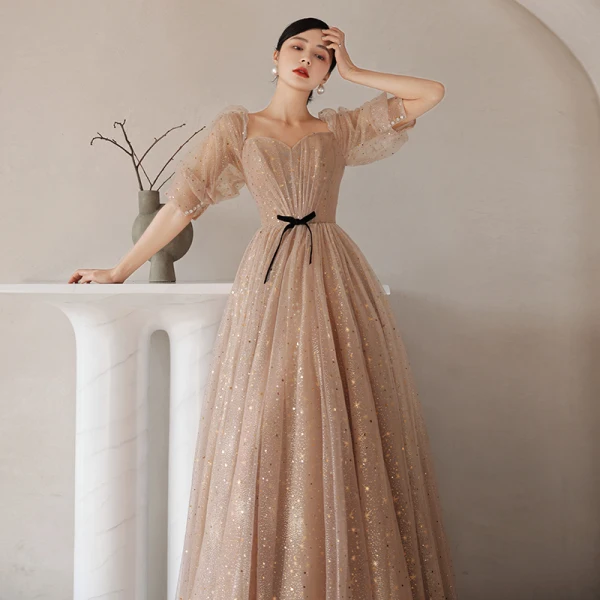 Charming Champagne Star Sequins Prom Dresses 2021 A-Line / Princess Square Neckline Short Sleeve Backless Bow Floor-Length / Long Formal Dresses