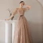 Charming Champagne Star Sequins Prom Dresses 2021 A-Line / Princess Square Neckline Short Sleeve Backless Bow Floor-Length / Long Formal Dresses