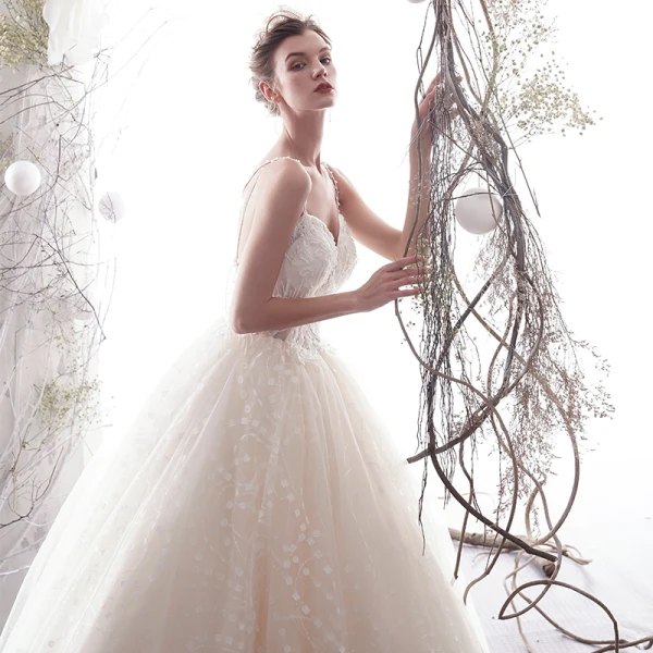 Élégant Champagne Robe De Mariée 2019 Princesse Bretelles Spaghetti Perlage Perle En Dentelle Fleur Sans Manches Dos Nu Longue