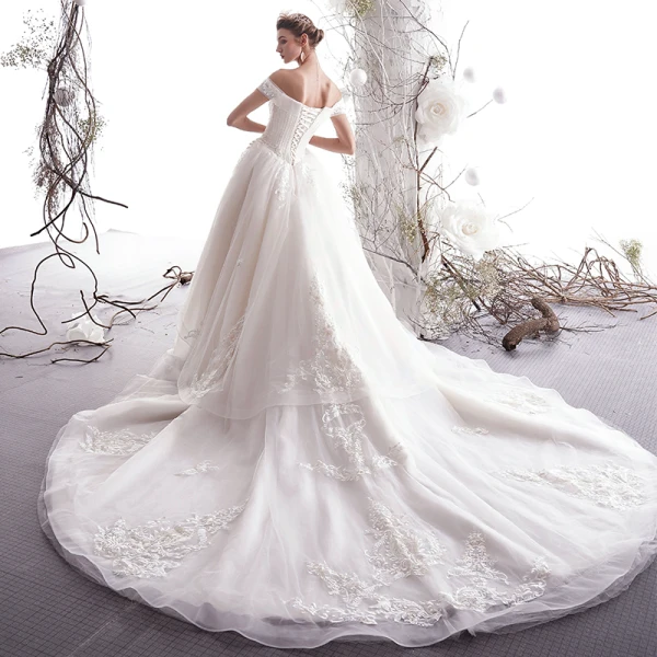 Modern / Fashion Champagne Wedding Dresses 2019 A-Line / Princess Off-The-Shoulder Beading Lace Flower Short Sleeve Backless Royal Train