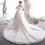 Modern / Fashion Champagne Wedding Dresses 2019 A-Line / Princess Off-The-Shoulder Beading Lace Flower Short Sleeve Backless Royal Train