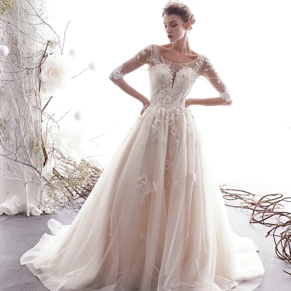 Elegant Champagne Wedding Dresses 2019 A-Line / Princess Scoop Neck Beading Lace Flower Appliques 1/2 Sleeves Backless Chapel Train