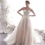Elegant Champagne Wedding Dresses 2019 A-Line / Princess Scoop Neck Beading Lace Flower Appliques 1/2 Sleeves Backless Chapel Train