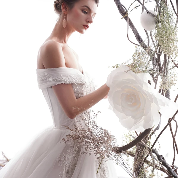 Elegant Ivory 2019 Wedding Dresses A-Line / Princess Off-The-Shoulder Beading Sequins Lace Flower Short Sleeve Backless Royal Train