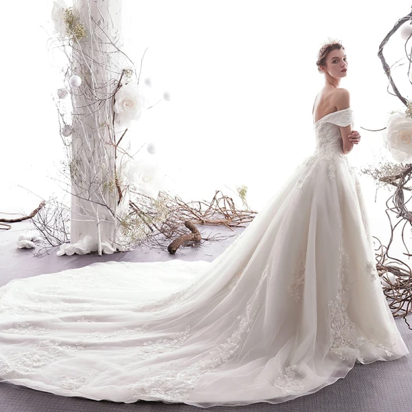 Elegant Ivory Wedding Dresses 2019 A-Line / Princess Off-The-Shoulder Beading Lace Flower Short Sleeve Backless Cathedral Train