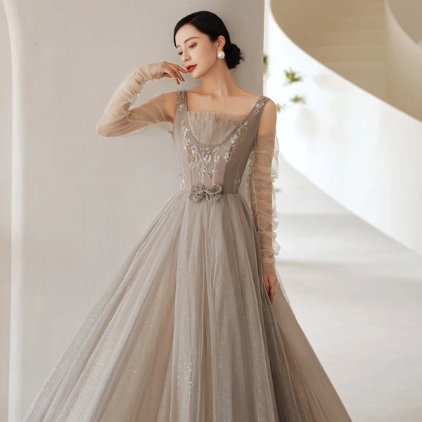 Fashion Grey Beading Prom Dresses 2021 A-Line / Princess Square Neckline Long Sleeve Bow Backless Floor-Length / Long Formal Dresses