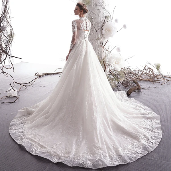 Elegant Ivory Wedding Dresses A-Line / Princess 2019 High Neck Beading Lace Flower 3/4 Sleeve Chapel Train