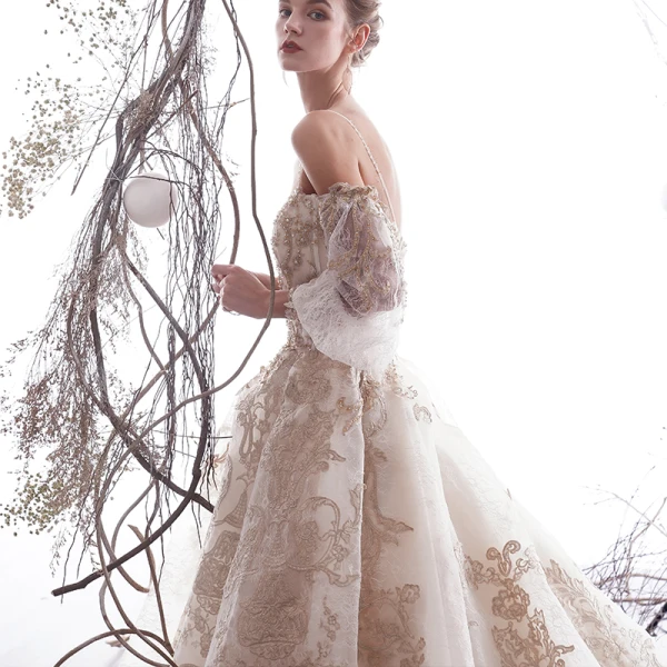 Luxury / Gorgeous Champagne Wedding Dresses 2019 A-Line / Princess Spaghetti Straps Beading Crystal Lace Flower 3/4 Sleeve Backless Royal Train