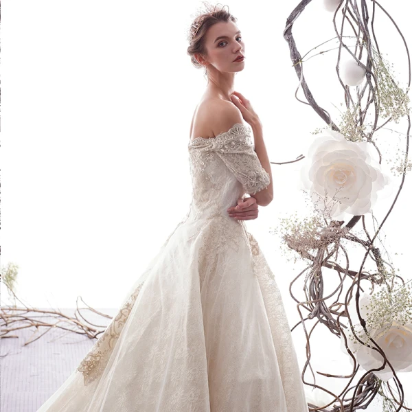 Luxury / Gorgeous Ivory Wedding Dresses 2019 A-Line / Princess Off-The-Shoulder Beading Lace Flower Short Sleeve Backless Royal Train