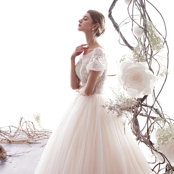 Élégant Champagne Robe De Mariée 2019 Princesse Encolure Dégagée Perlage En Dentelle Fleur Perle Paillettes Manches Courtes Dos Nu Longue