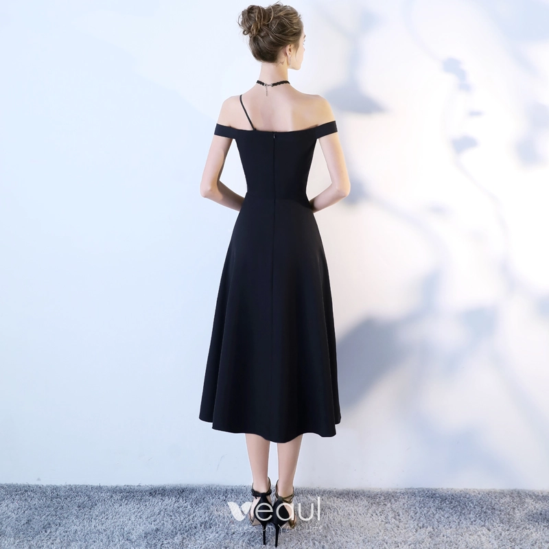 Chic / Beautiful Black Homecoming Graduation Dresses 2018 A-Line / Princess  Off-The-Shoulder Backless Sleeveless Knee-Length Formal Dresses