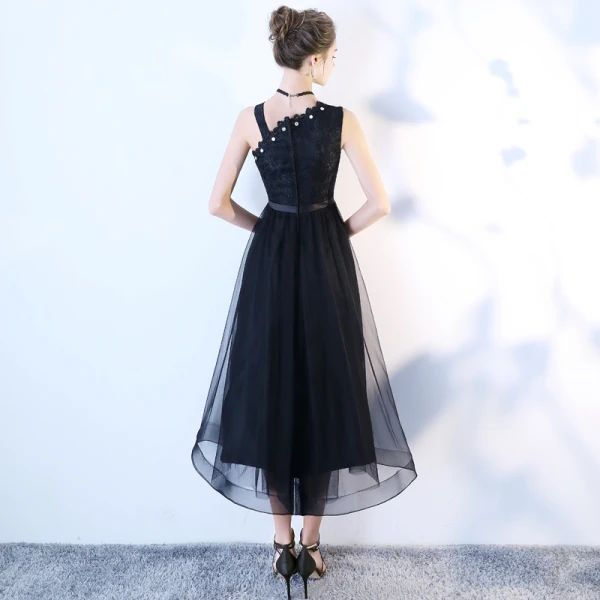 Chic / Beautiful Black Homecoming Graduation Dresses 2018 A-Line / Princess Rhinestone Bow One-Shoulder Backless Sleeveless Tea-length Formal Dresses