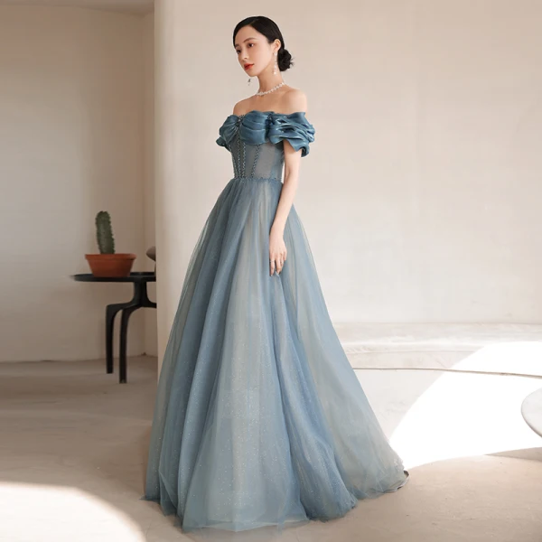 Sexy Pool Blue Prom Dresses 2021 A-Line / Princess Ruffle Off-The-Shoulder Rhinestone Short Sleeve Backless Floor-Length / Long Formal Dresses