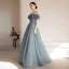 Sexy Pool Blue Prom Dresses 2021 A-Line / Princess Ruffle Off-The-Shoulder Rhinestone Short Sleeve Backless Floor-Length / Long Formal Dresses
