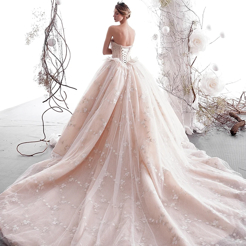 white christmas dresses Custom Lace Light Champagne Ruffled Wedding Dress Light Champagne main image 1