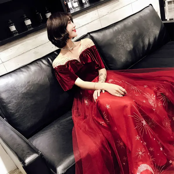 Modern / Fashion Navy Blue Evening Dresses 2019 A-Line / Princess V-Neck Glitter Star Rhinestone 1/2 Sleeves Backless Floor-Length / Long Formal Dresses