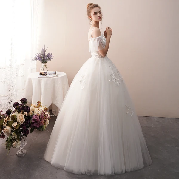 Charming Ivory Wedding Dresses 2019 A-Line / Princess Spaghetti Straps Beading Lace Flower Short Sleeve Backless Floor-Length / Long