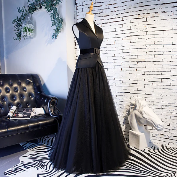 Vintage / Retro Black Prom Dresses 2019 A-Line / Princess V-Neck Sash Sleeveless Floor-Length / Long Formal Dresses