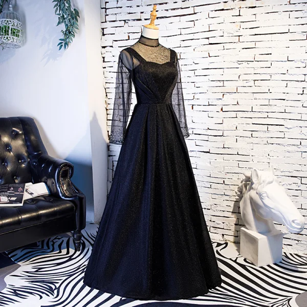 Elegant Vintage / Retro Black Prom Dresses 2019 A-Line / Princess High Neck Rhinestone Long Sleeve Floor-Length / Long Formal Dresses