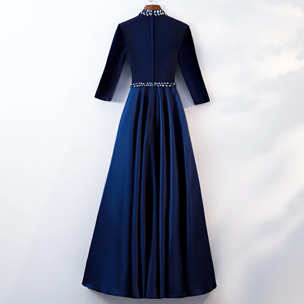 Elegante Königliches Blau Abendkleider 2019 A Linie Rundhalsausschnitt Perlenstickerei Kristall 3/4 Ärmel Lange Festliche Kleider