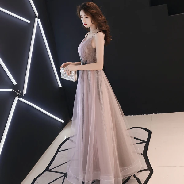 Modern / Fashion Blushing Pink Evening Dresses 2019 A-Line / Princess Appliques Lace Spaghetti Straps Sleeveless Backless Floor-Length / Long Formal Dresses
