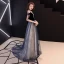 Elegante Marineblau Abendkleider 2019 A Linie Spaghettiträger Wildleder Spitze Star Ärmellos Rückenfreies Sweep / Pinsel Zug Festliche Kleider