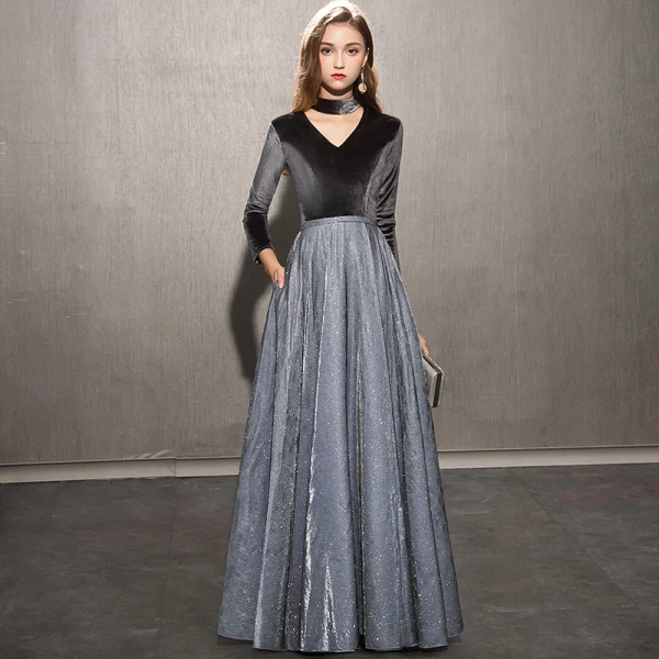 Sjarmerende Svart Stjernehimmelen Selskapskjoler 2019 Prinsesse Høy Hals Suede Glitter Polyester 3/4 Ermer Lange Formelle Kjoler