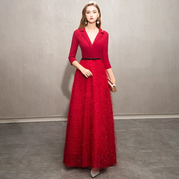 Élégant Noire Robe De Soirée 2019 Princesse V-Cou Noeud Paillettes Gland 3/4 Manches Longue Robe De Ceremonie