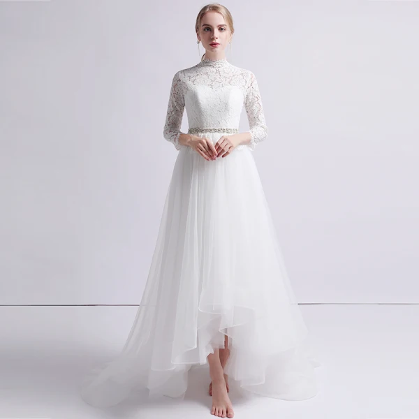 Vintage / Retro Ivory Beach Wedding Dresses 2019 A-Line / Princess High Neck Lace Bow 3/4 Sleeve Sweep Train