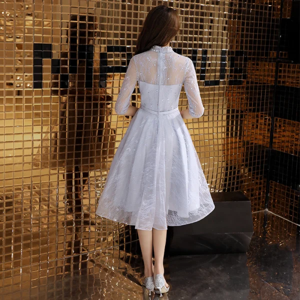 Elegant Grey Homecoming Graduation Dresses 2019 A-Line / Princess High Neck Sequins Lace Flower Bow 3/4 Sleeve Knee-Length Formal Dresses