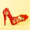 Style Chinois Rouge Chaussure De Mariée 2019 Doré Papillon Fleur Cristal Perle 14 cm Talons Aiguilles À Bout Rond Mariage Escarpins