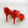 Affordable Burgundy Wedding Shoes 2019 Suede Pearl Lace Butterfly 14 cm Stiletto Heels Round Toe Wedding Pumps